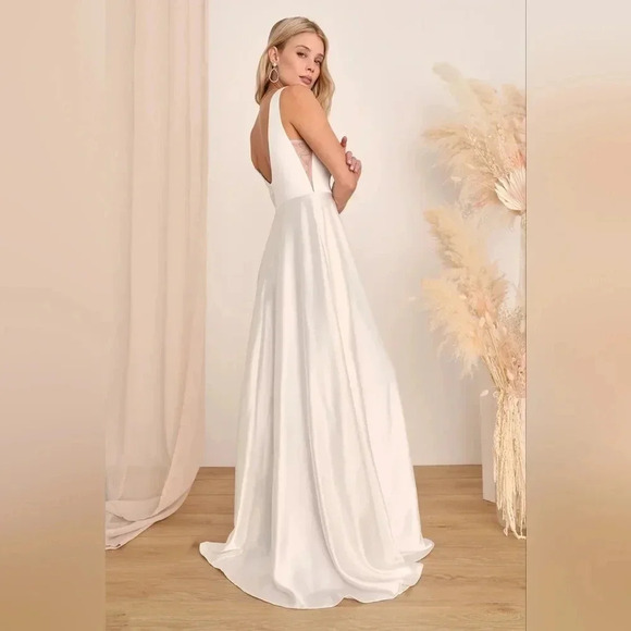 Lulu's Endless Radiance Ivory Satin Sleeveless Maxi Dress With Pockets Wedding - Picture 4 of 14